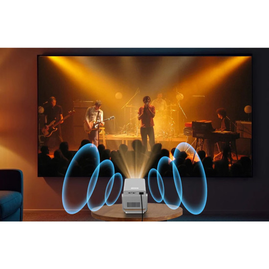 Magcubic X7 portable projector with 1080p native resolution and Android 14, compact black body, front lens view