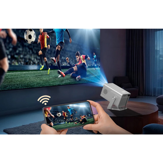 Magcubic X7 portable projector with 1080p native resolution and Android 14, compact black body, front lens view