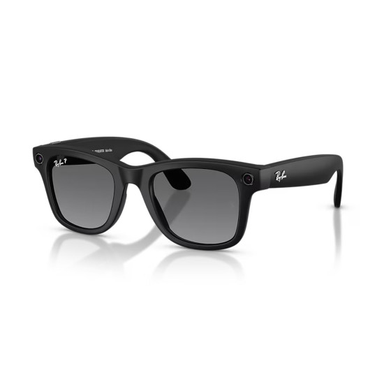 Ray-Ban Meta Wayfarer Gen 2 Matte Black Polar Graphite Ray-Ban Meta Wayfarer Gen 2 smart glasses in matte black with polarized gradient graphite lenses, front three-quarter view