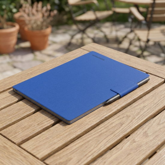 reMarkable Paper Pro Book Folio – Cobalt Blue reMarkable Paper Pro Book Folio case in cobalt blue mosaic weave fabric, closed with magnetic strap, front view