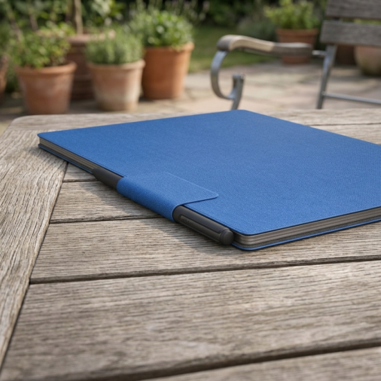reMarkable Paper Pro Book Folio – Cobalt Blue reMarkable Paper Pro Book Folio case in cobalt blue mosaic weave fabric, closed with magnetic strap, front view
