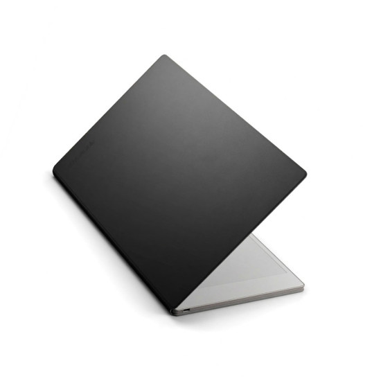 reMarkable Paper Pro Book Folio in black premium leather with magnetic strap closed, microfiber liner visible, classic notebook-style design