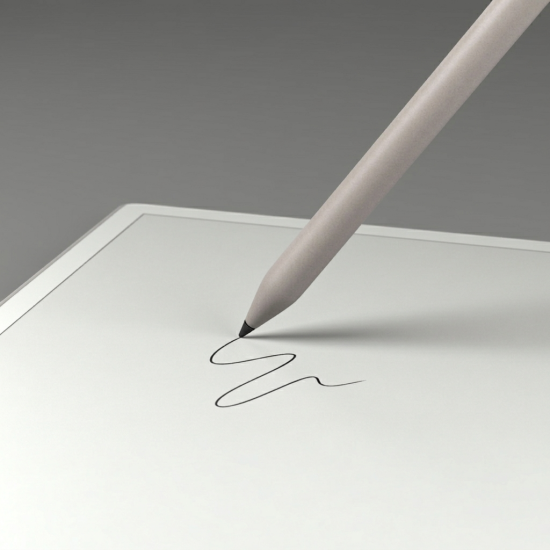 reMarkable Paper Pro Marker stylus in slim profile, magnetically attached to the reMarkable Paper Pro tablet, no cables required