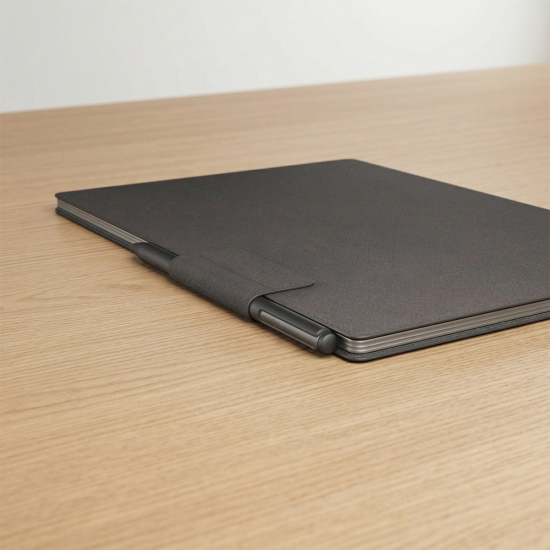 reMarkable Paper Pro Book Folio case in Basalt mosaic weave, showing closed cover with magnetic marker strap, designed to fit the 11.8-inch Paper Pro tablet