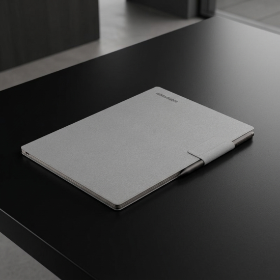 reMarkable Paper Pro Book Folio – Gray reMarkable Paper Pro Book Folio case in gray polymer weave, showing closed front cover with magnetic strap and snap-in tablet mount