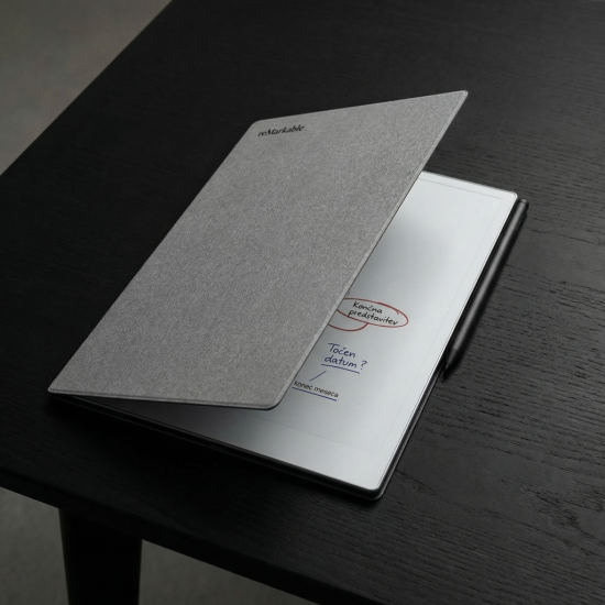 reMarkable Paper Pro Book Folio – Gray reMarkable Paper Pro Book Folio case in gray polymer weave, showing closed front cover with magnetic strap and snap-in tablet mount