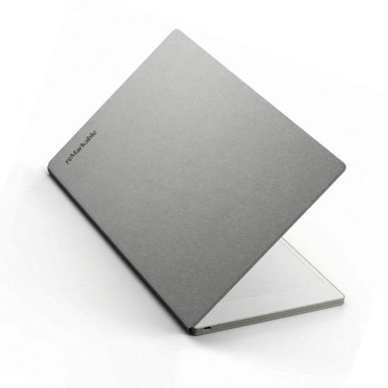 reMarkable Paper Pro Book Folio – Gray reMarkable Paper Pro Book Folio case in gray polymer weave, showing closed front cover with magnetic strap and snap-in tablet mount