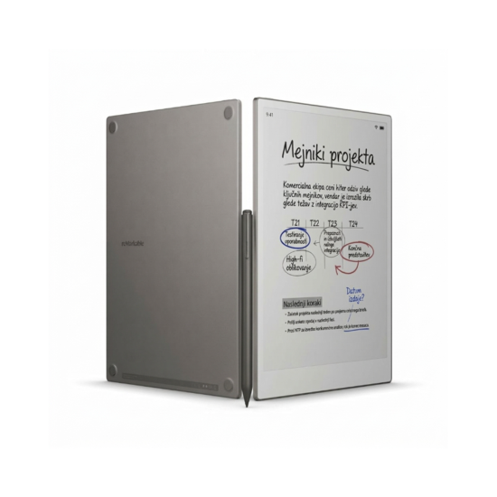 reMarkable Paper Pro paper tablet with 11.8-inch colour display shown alongside the Marker PLUS stylus, ultra-slim white device