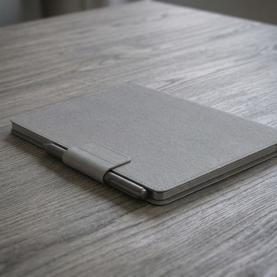 reMarkable Paper Pro + Marker Plus + Book Folio Gray reMarkable Paper Pro tablet in Polymer Weave Gray with Marker Plus stylus and Book Folio cover, open and viewed from above on a desk
