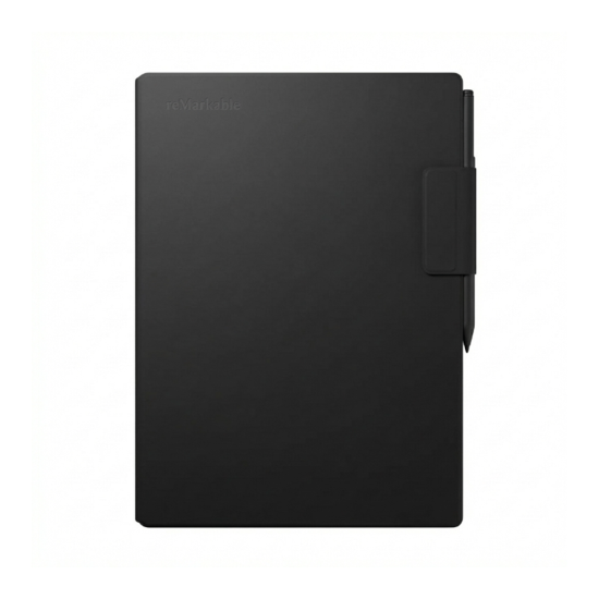 reMarkable Paper Pro paper tablet with Marker Plus and black premium leather Book Folio, front view on white background