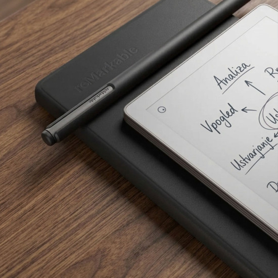 reMarkable Paper Pro paper tablet with Marker Plus and black premium leather Book Folio, front view on white background
