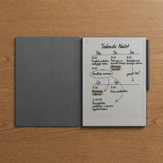 reMarkable Paper Pro paper tablet with Marker Plus and black premium leather Book Folio, front view on white background