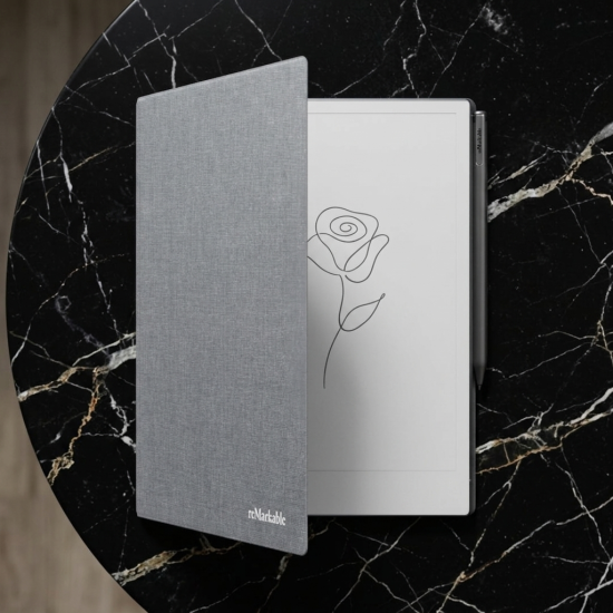 reMarkable 2 Book Folio case in grey polymer weave material, closed folio cover with built-in magnets, compatible with 10.3-inch reMarkable 2 paper tablet