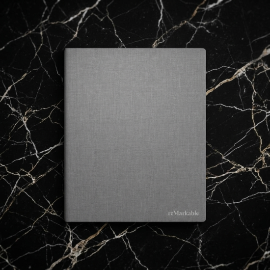 reMarkable 2 Book Folio case in grey polymer weave material, closed folio cover with built-in magnets, compatible with 10.3-inch reMarkable 2 paper tablet
