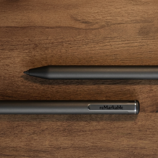 reMarkable 2 Marker Plus stylus pen with built-in eraser, slim ergonomic body in white finish, designed for reMarkable 2