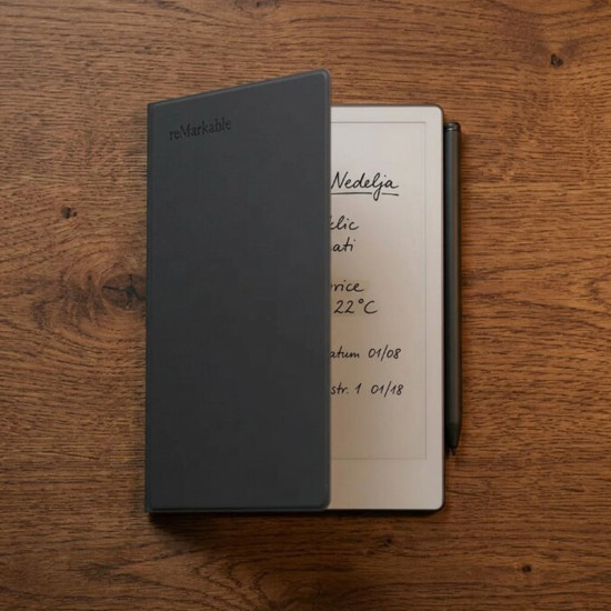 reMarkable Pro Move Book Folio – Black Leather reMarkable Paper Pro Move black premium leather book folio case, closed front view showing natural leather texture and magnetic clasp