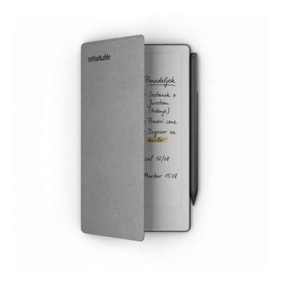 reMarkable Paper Pro Move + Marker Plus + Book Folio Grey reMarkable Paper Pro Move digital paper tablet with Marker Plus stylus and grey Book Folio cover, open on a desk