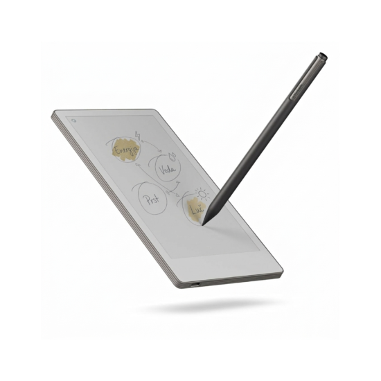 reMarkable Paper Pro Move + Marker Plus + Book Folio Grey reMarkable Paper Pro Move digital paper tablet with Marker Plus stylus and grey Book Folio cover, open on a desk