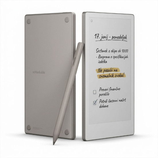 reMarkable Paper Pro Move digital paper tablet open showing 7.3-inch Canvas Colour display, with Marker stylus alongside