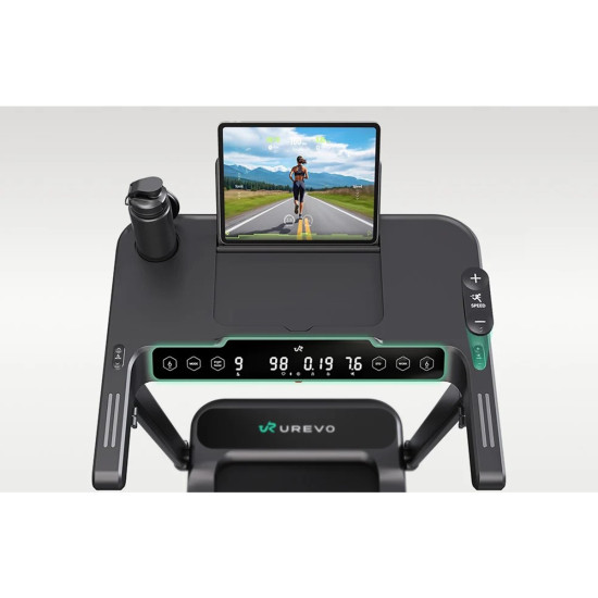 UREVO Foldi 3S Smart Treadmill Black UREVO Foldi 3S Smart Electric Treadmill in black with integrated adjustable work surface for laptop use at home