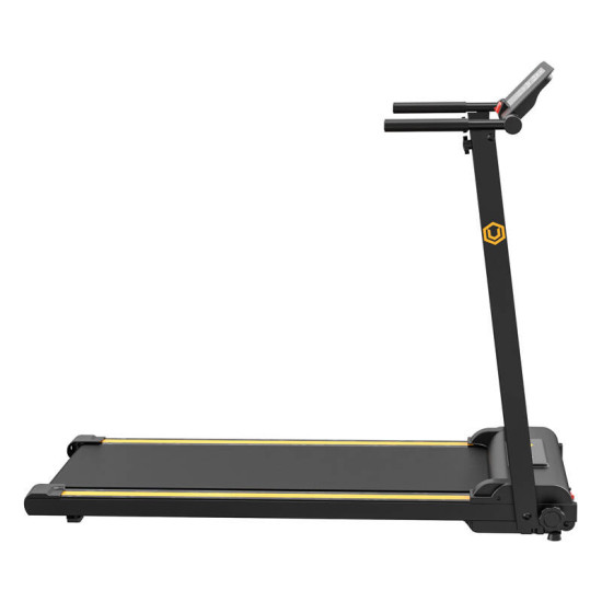 UREVO Foldi Mini Electric Treadmill Black Orange UREVO Foldi Mini electric treadmill in black and orange, compact foldable design shown from front angle