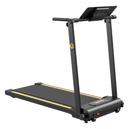 UREVO Foldi Mini Electric Treadmill Black Orange UREVO Foldi Mini electric treadmill in black and orange, compact foldable design shown from front angle