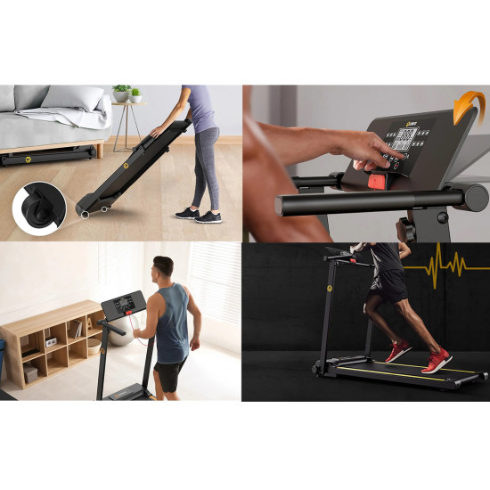 UREVO Foldi Mini Electric Treadmill Black Orange UREVO Foldi Mini electric treadmill in black and orange, compact foldable design shown from front angle