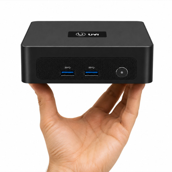 UVI Mini PC R758 Ryzen 7 5800U 16GB 1TB UVI Mini PC R758 compact desktop computer with AMD Ryzen 7 5800U, black casing, small form factor design