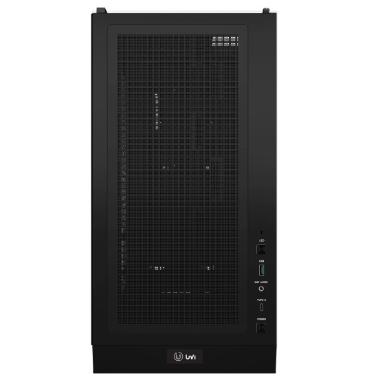 UVI OMEGA AM96F16 gaming desktop PC with mesh front panel and tempered glass side panel, featuring Ryzen 5 7500F and RX 9060 XT 8GB graphics card