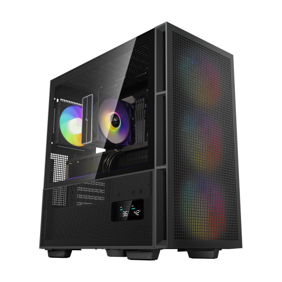 UVI OMEGA AM96F16 gaming desktop PC with mesh front panel and tempered glass side panel, featuring Ryzen 5 7500F and RX 9060 XT 8GB graphics card