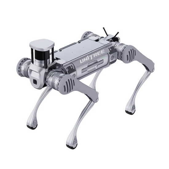 Unitree B2 quadruped industrial robot standing on four legs, designed for inspection, rescue, and logistics operations