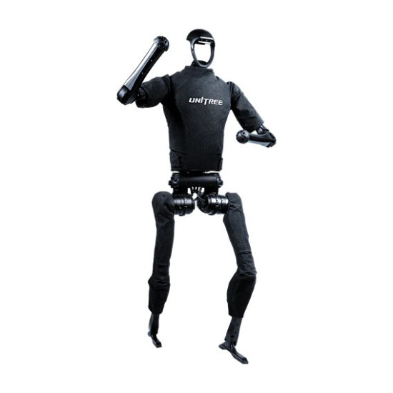 Unitree H1 full-size humanoid robot standing upright, approximately 180 cm tall, designed for research and industrial use