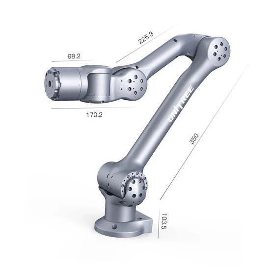 Unitree Z1 kompaktna 6-osna robotska roka, srebrno-siva, prikazana v iztegnjeni pozi na beli podlagi
