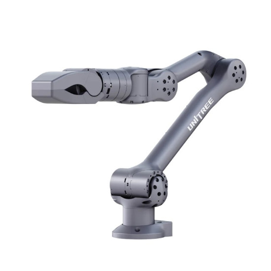 Unitree Z1 kompaktna 6-osna robotska roka, srebrno-siva, prikazana v iztegnjeni pozi na beli podlagi