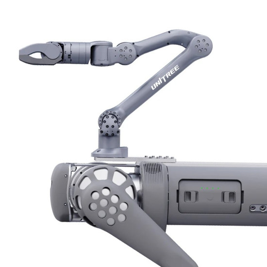Unitree Z1 kompaktna 6-osna robotska roka, srebrno-siva, prikazana v iztegnjeni pozi na beli podlagi