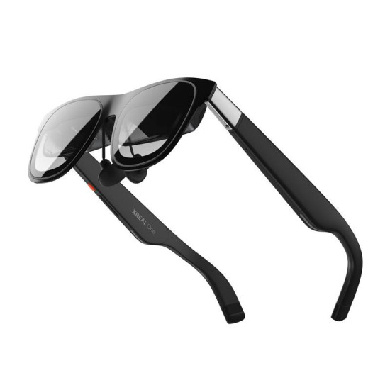 XREAL ONE AR glasses in black, sleek wearable augmented reality device with slim frame and integrated audio