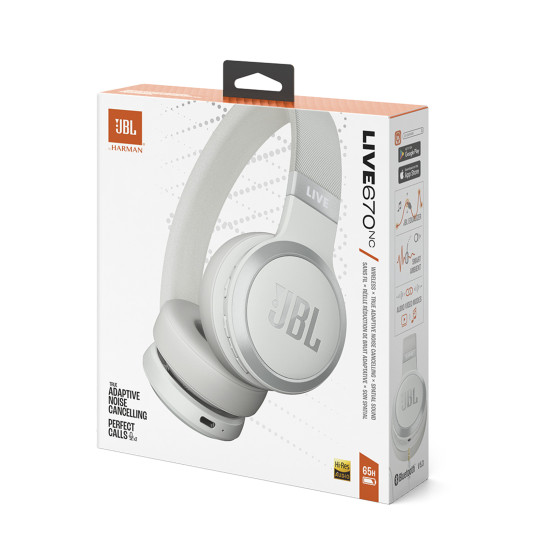 JBL LIVE 670NC bele naglavne slušalke z mehkim naglavnim trakom in True Adaptive Noise Cancelling tehnologijo
