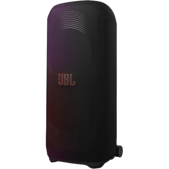JBL PartyCover Ultimate protective cover for PartyBox Ultimate, shown in black wetsuit-style material with a sleek fitted design