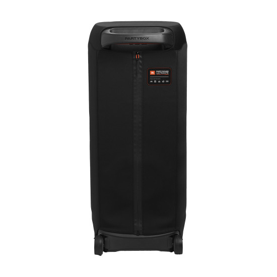 JBL PartyCover Ultimate protective cover for PartyBox Ultimate, shown in black wetsuit-style material with a sleek fitted design