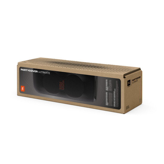JBL PartyCover Ultimate protective cover for PartyBox Ultimate, shown in black wetsuit-style material with a sleek fitted design
