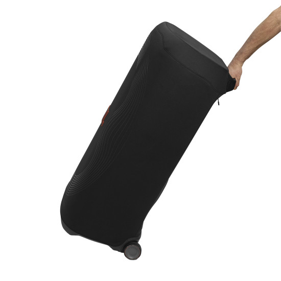 JBL PartyCover Ultimate protective cover for PartyBox Ultimate, shown in black wetsuit-style material with a sleek fitted design