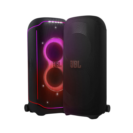 JBL PartyCover Ultimate protective cover for PartyBox Ultimate, shown in black wetsuit-style material with a sleek fitted design