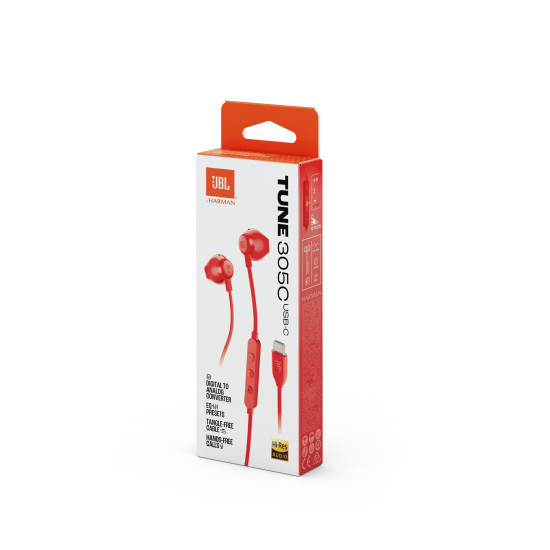 JBL Tune 305C USB-C in-ear headphones in red with flat tangle-free cable and three-button remote