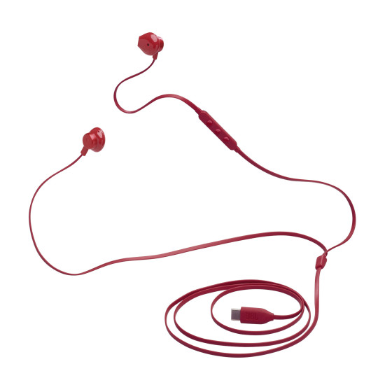 JBL Tune 305C USB-C in-ear headphones in red with flat tangle-free cable and three-button remote