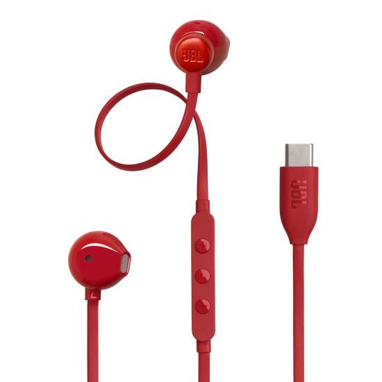 JBL Tune 305C USB-C in-ear headphones in red with flat tangle-free cable and three-button remote