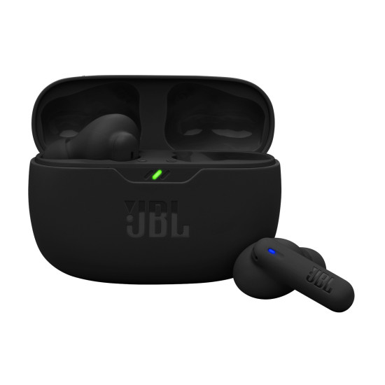 JBL Wave Beam 2 black wireless earbuds with active noise cancellation, shown in a closed carrying case against a white background