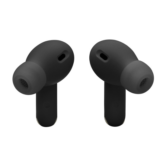 JBL Wave Beam 2 black wireless earbuds with active noise cancellation, shown in a closed carrying case against a white background