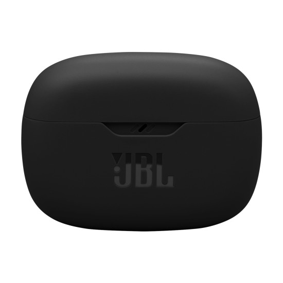 JBL Wave Beam 2 black wireless earbuds with active noise cancellation, shown in a closed carrying case against a white background