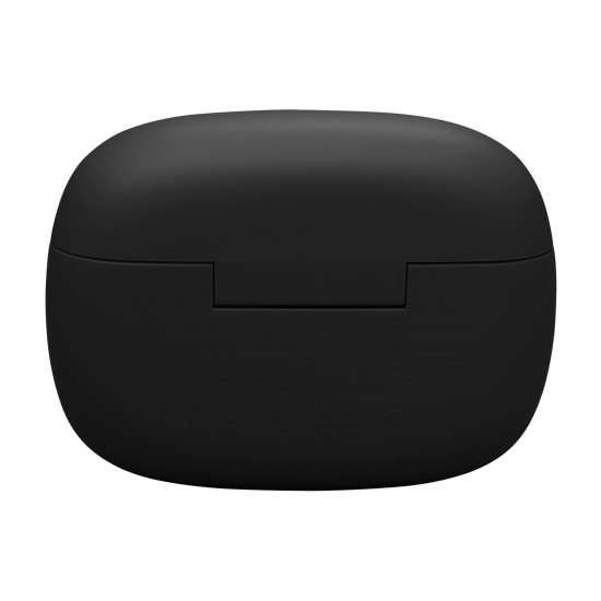 JBL Wave Beam 2 black wireless earbuds with active noise cancellation, shown in a closed carrying case against a white background