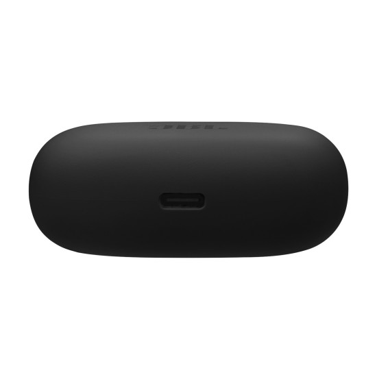 JBL Wave Beam 2 black wireless earbuds with active noise cancellation, shown in a closed carrying case against a white background